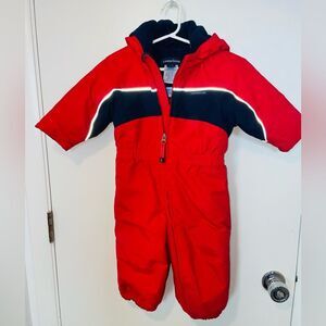 Lands' End kids' one-piece snow suit red dark blue w reflective piping 12-18 mos